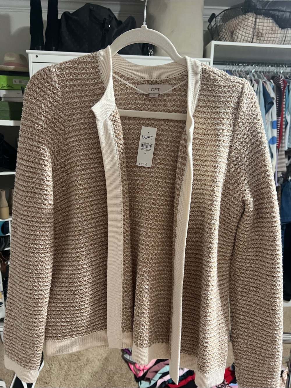 LOFT Beige Knit Open-Front Cardigan with Cream Trim